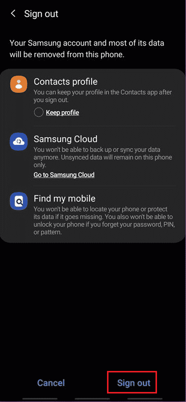 Tap on Sign out | change your phone number on Samsung account