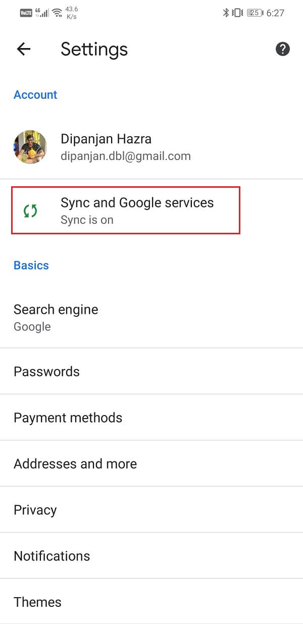 Tap on Sync and Google services option