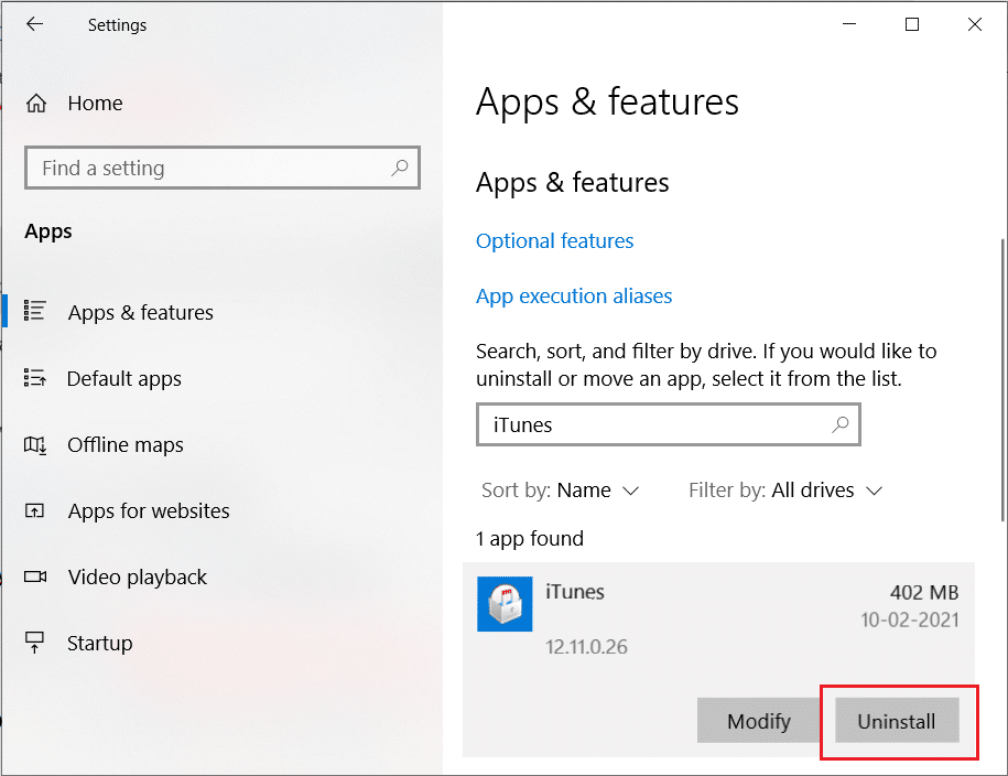 Tap on Uninstall to uninstall iTunes from Windows 10 | Fix iPhone Not Detected in Windows 10