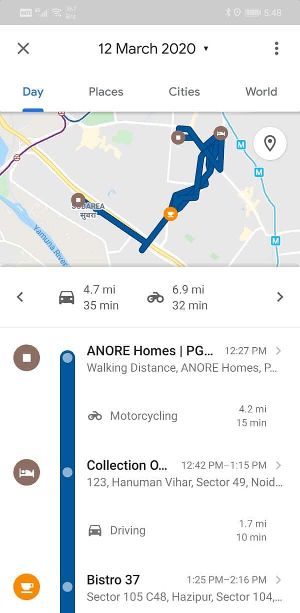 Tap on any particular date, Google Maps will show you the route