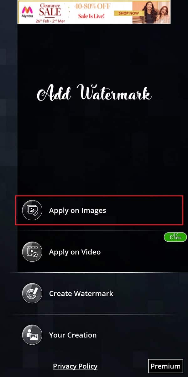 Tap on apply on images to select the photo where you want to add your Watermark