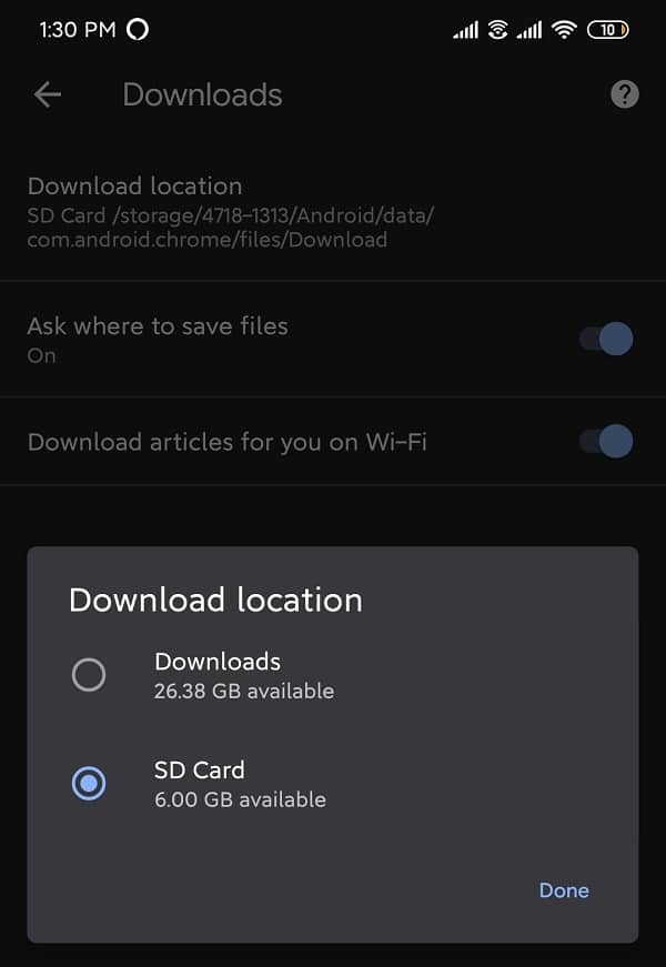 Tap on download location and select “SD Card”