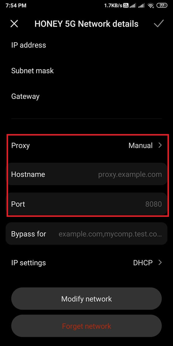 Tap on 'manual' for changing your proxy settings by typing your hostname and proxy port. 