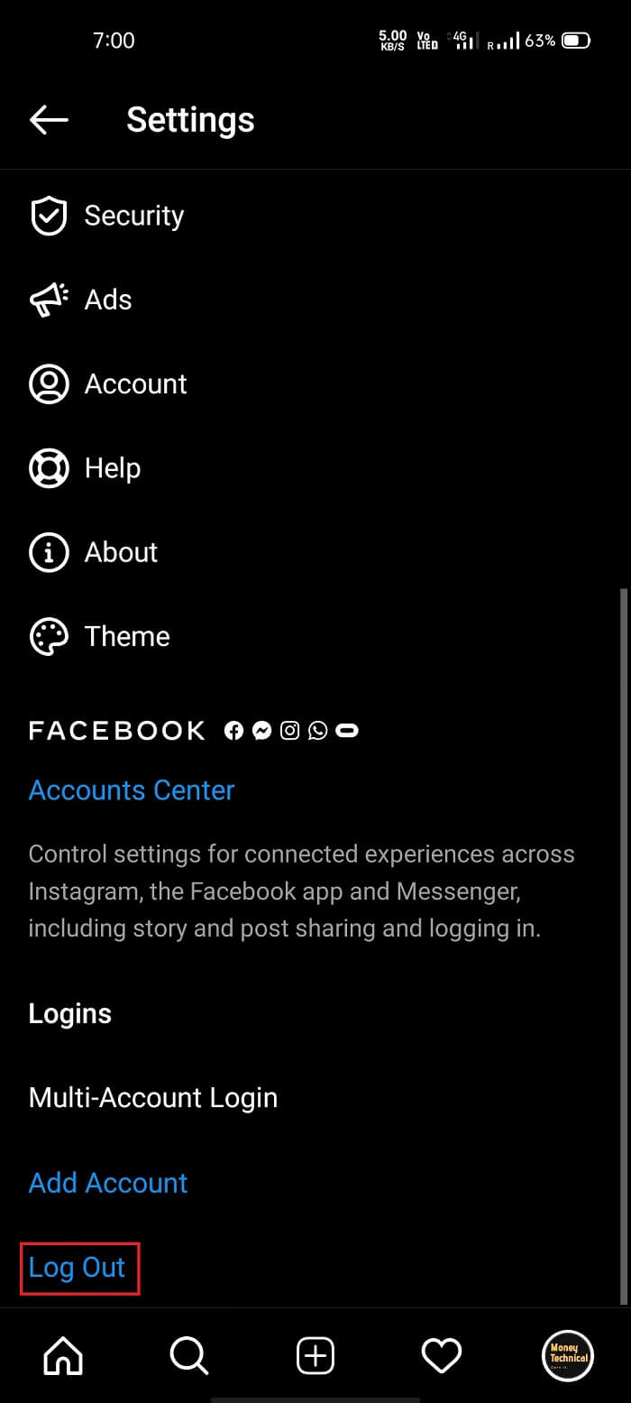 Tap on settings and then tap on the Log Out option | Fix Instagram Music not Working 2021