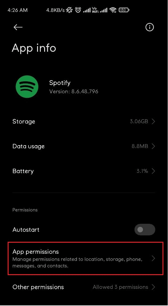 Tap on the App permissions option and Allow required permissions | How to Fix Spotify Won’t Open