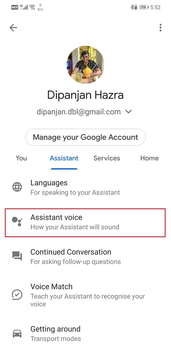 Tap on the Assistant tab and select the Assistant voice option