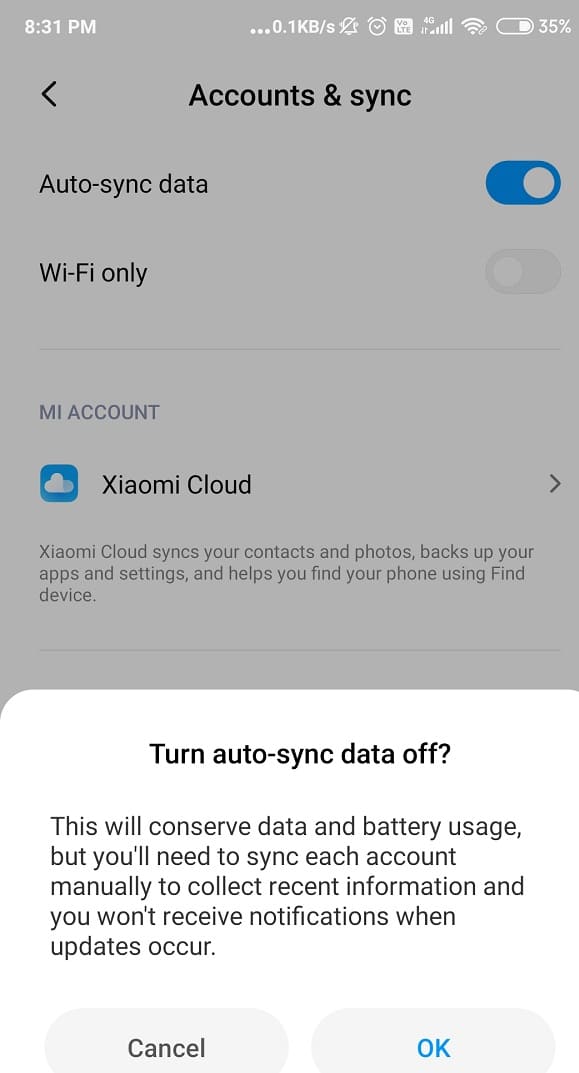 Tap on the Auto Sync Data option to switch it off. Wait for 15- 30 second and turn it back on