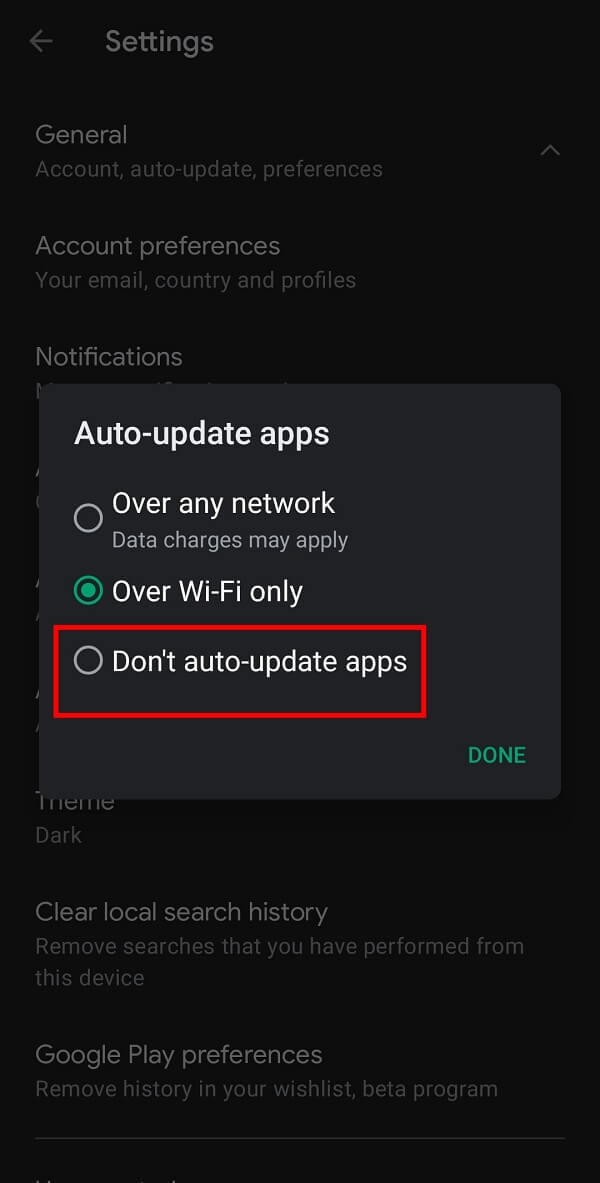 Tap on the Auto-update apps option and then select Don't auto-update apps