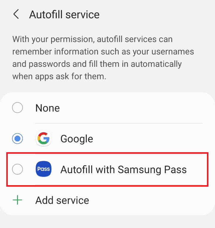 Toque el servicio Autocompletar - Autocompletar con Samsung Pass