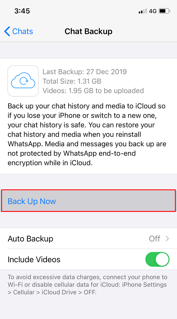 Tap on the Back up Now button on WhatsApp for iPhone