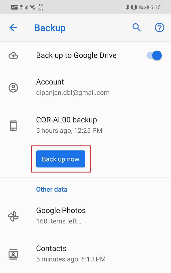 Tap on the Back up now button | Transfer data from your old Android phone to new one
