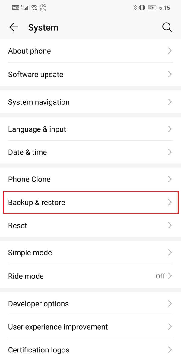 Tap on the Backup and Restore option | Transfer data from your old Android phone to new one