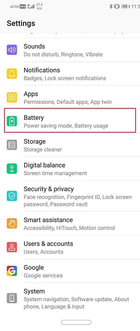 Tap on the Battery and Performance option | Fix Wi-Fi Won’t Turn on Android Phone