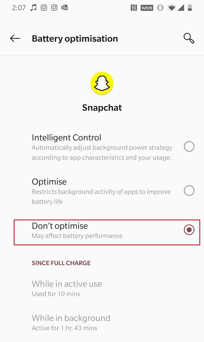 Tap on the Do Not Optimize option to turn it off | How to Fix Tap to load Snapchat Error