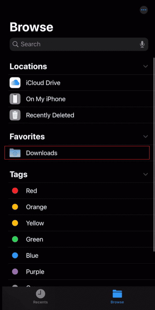 Tap on the Downloads folder under the Favorites section | download location on iPhone