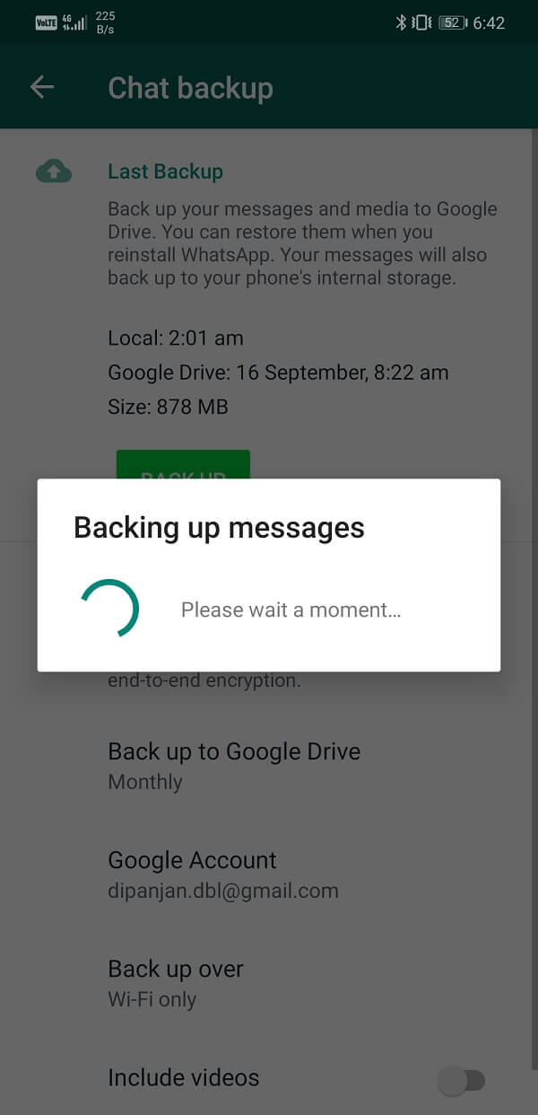 Tap on the Green Backup button | Transfer WhatsApp chats to new Phone