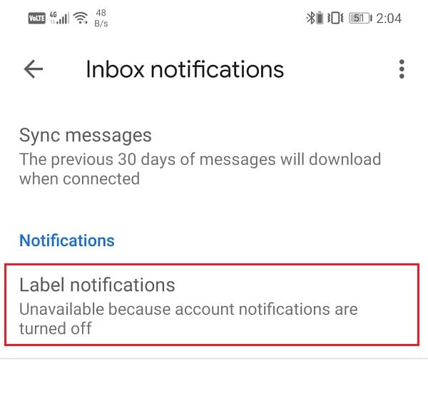 Tap on the Label Notifications option | Fix Gmail app is not syncing on Android