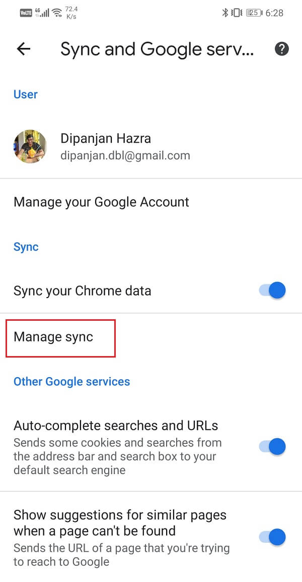 Tap on the Manage sync option