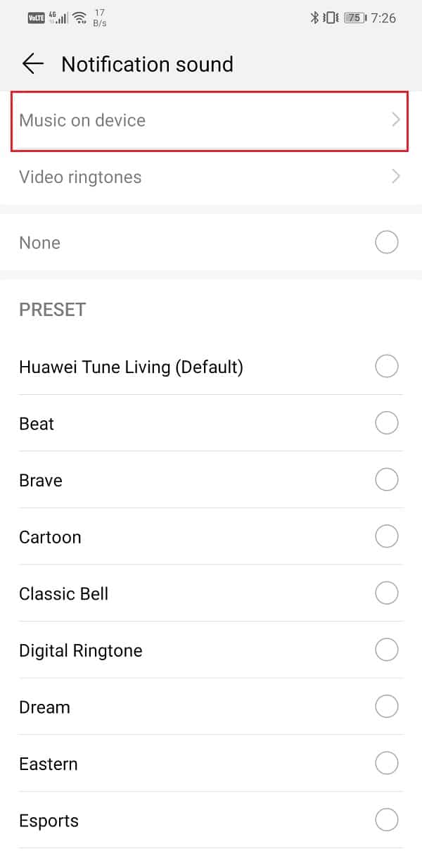Tap on the Music on device option to use a custom MP3 file | Set Custom Text Message Ringtone on Android