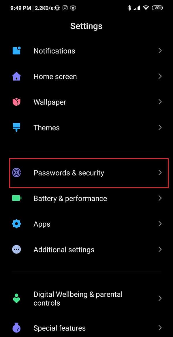 Tap on the Passwords and Security option