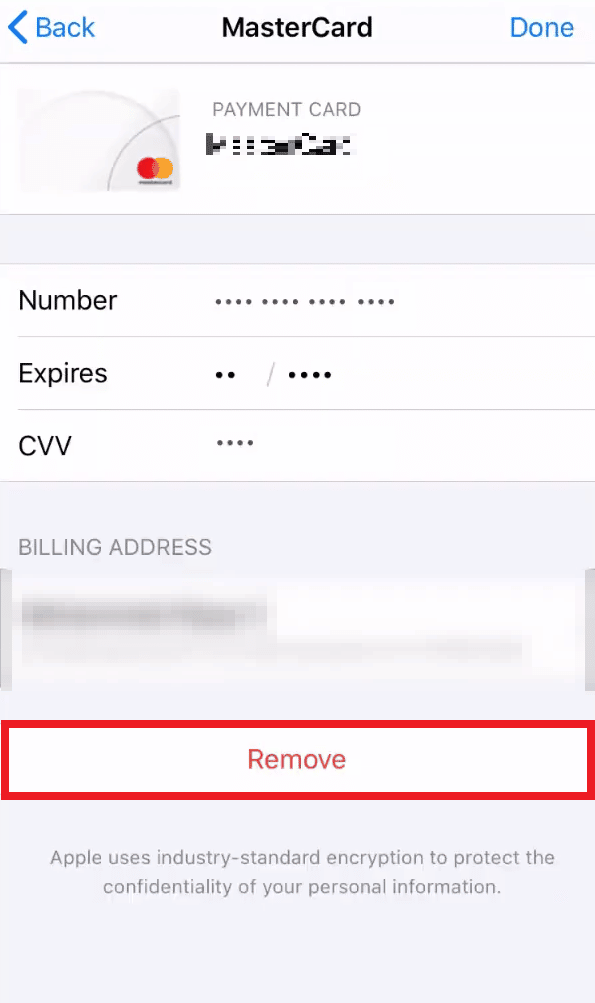 Tap on the Remove option from the bottom to delete the credit card