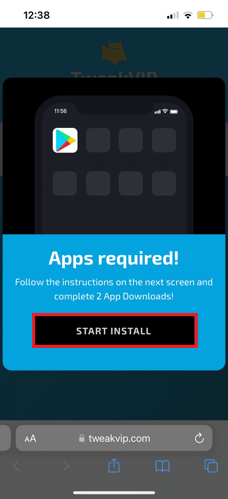Tap on the START INSTALL link | Google Play games on iPhone