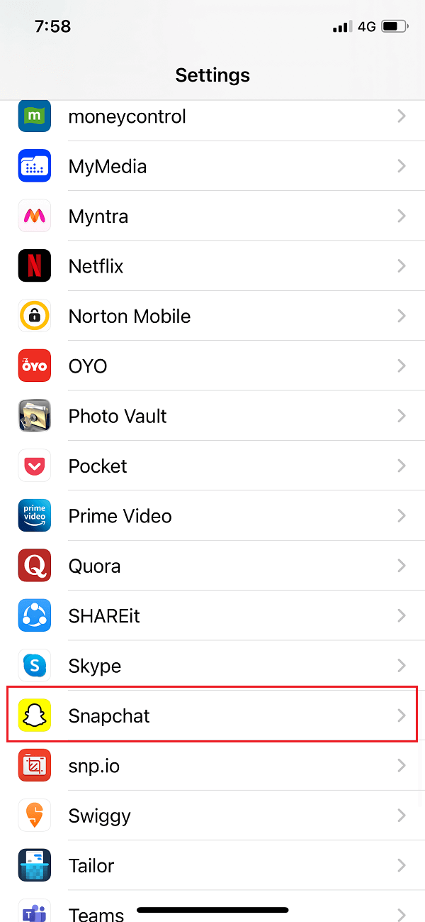 Tap on the Settings icon and select Snapchat from the list.
