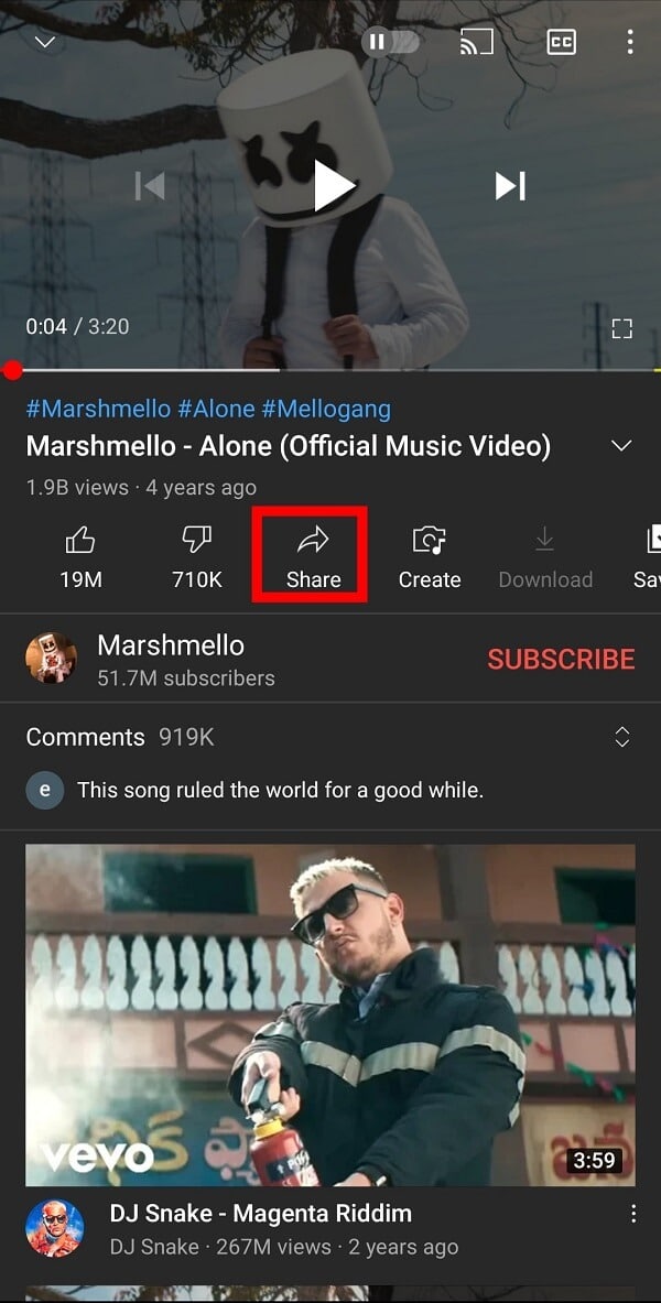 Tap on the Share icon available below the video | How to put a YouTube video on Repeat?