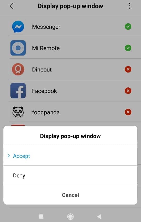 Нажмите на приложение, чтобы отключить наложение экрана, и выберите «Запретить».