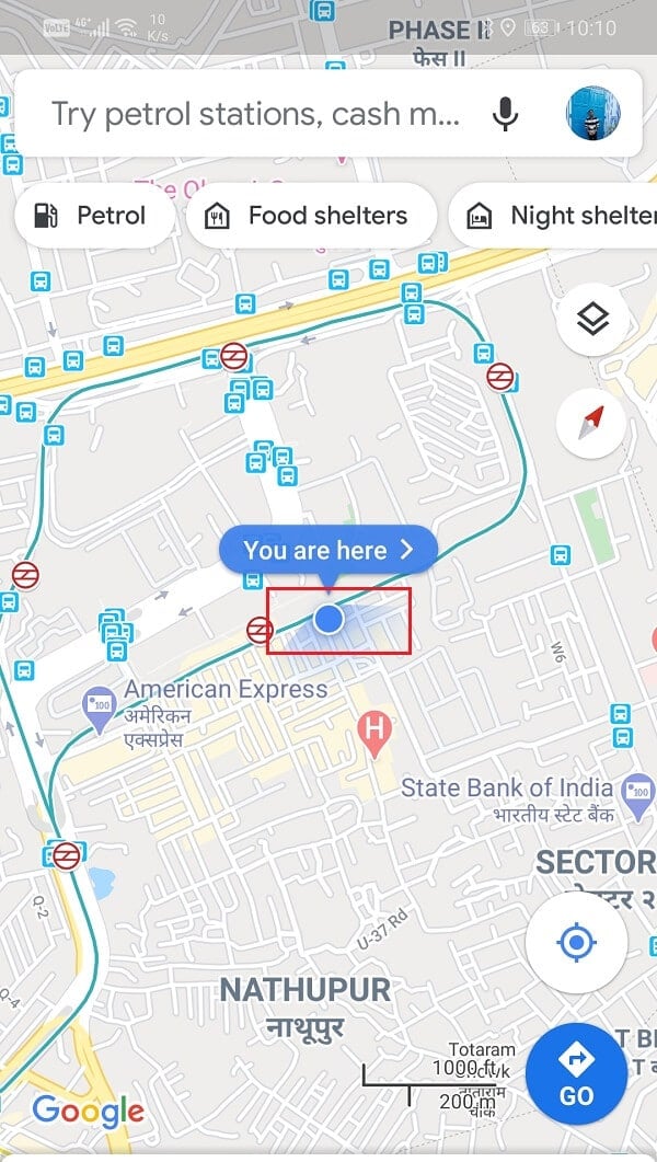Tap on the blue dot that shows your current location | Fix Google Maps not showing directions in Android