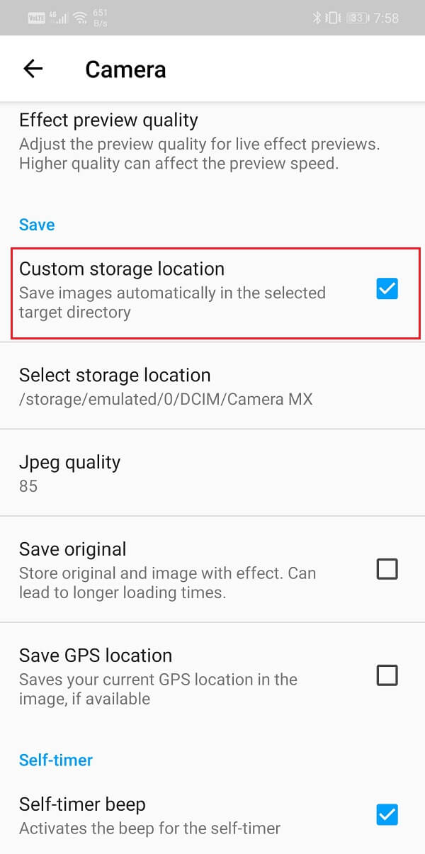 Tap on the checkbox next to the Custom Storage location option | Save Photos To SD Card On Android Phone