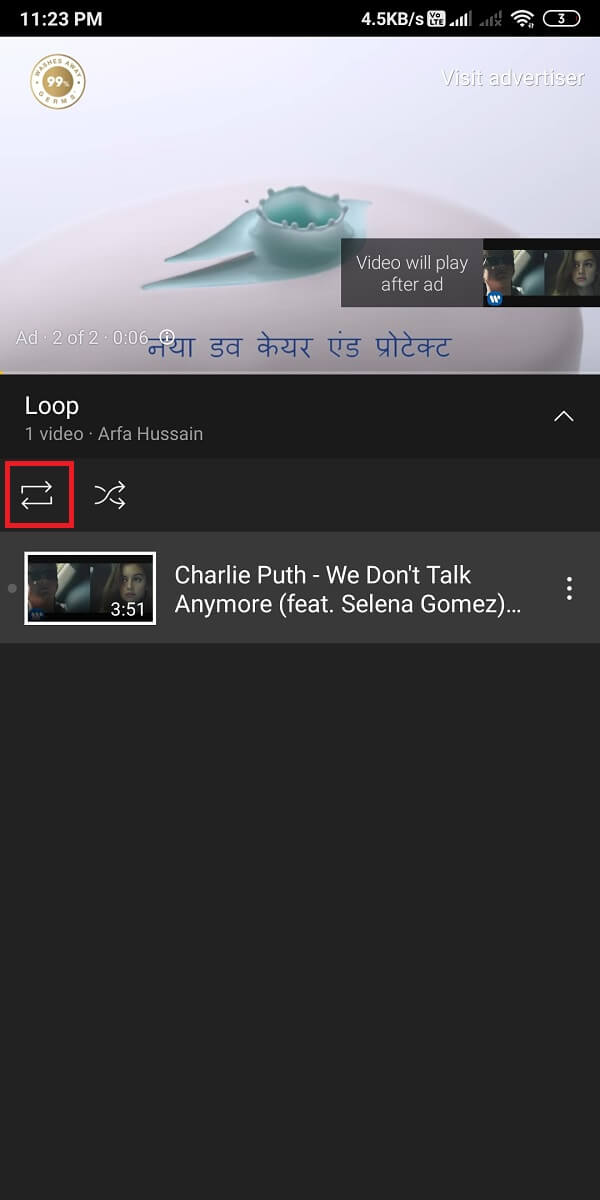 Tap on the down arrow and select the loop icon. | How To Loop YouTube Videos On Mobile And Desktop?