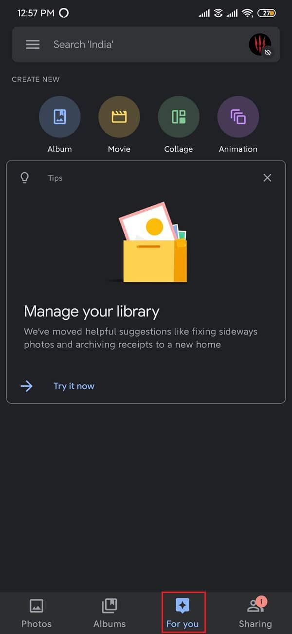 Tap on the for you icon situated at the bottom of the screen | How to Edit Videos in Google Photos for Android