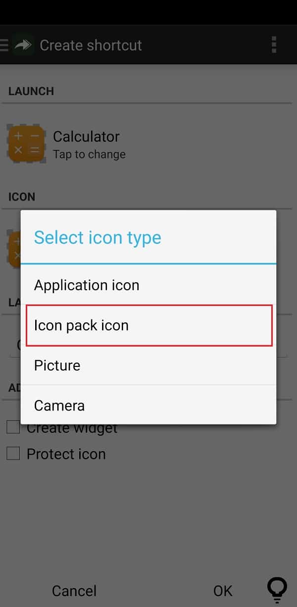 Tap on the icon’s image under the ICON tab and select one of the options