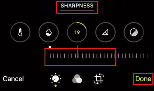 Tap on the sharpness icon and adjust the given slider - tap on Done | How to Unblur an Image on iPhone