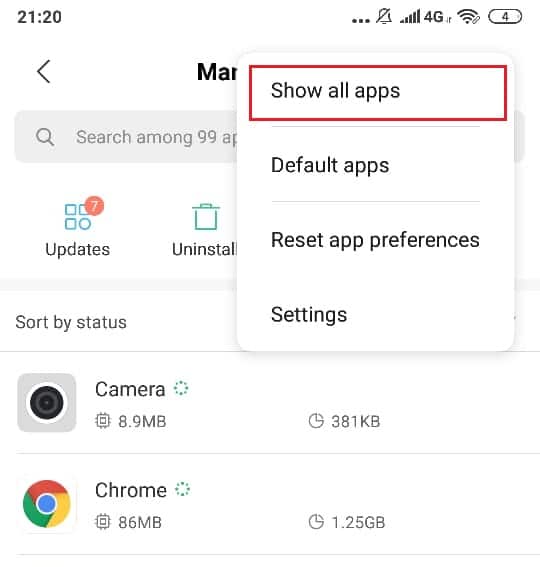 Tap on the three-dot menu icon and select Show all apps | How to Fix Android.Process.Media Has Stopped Error