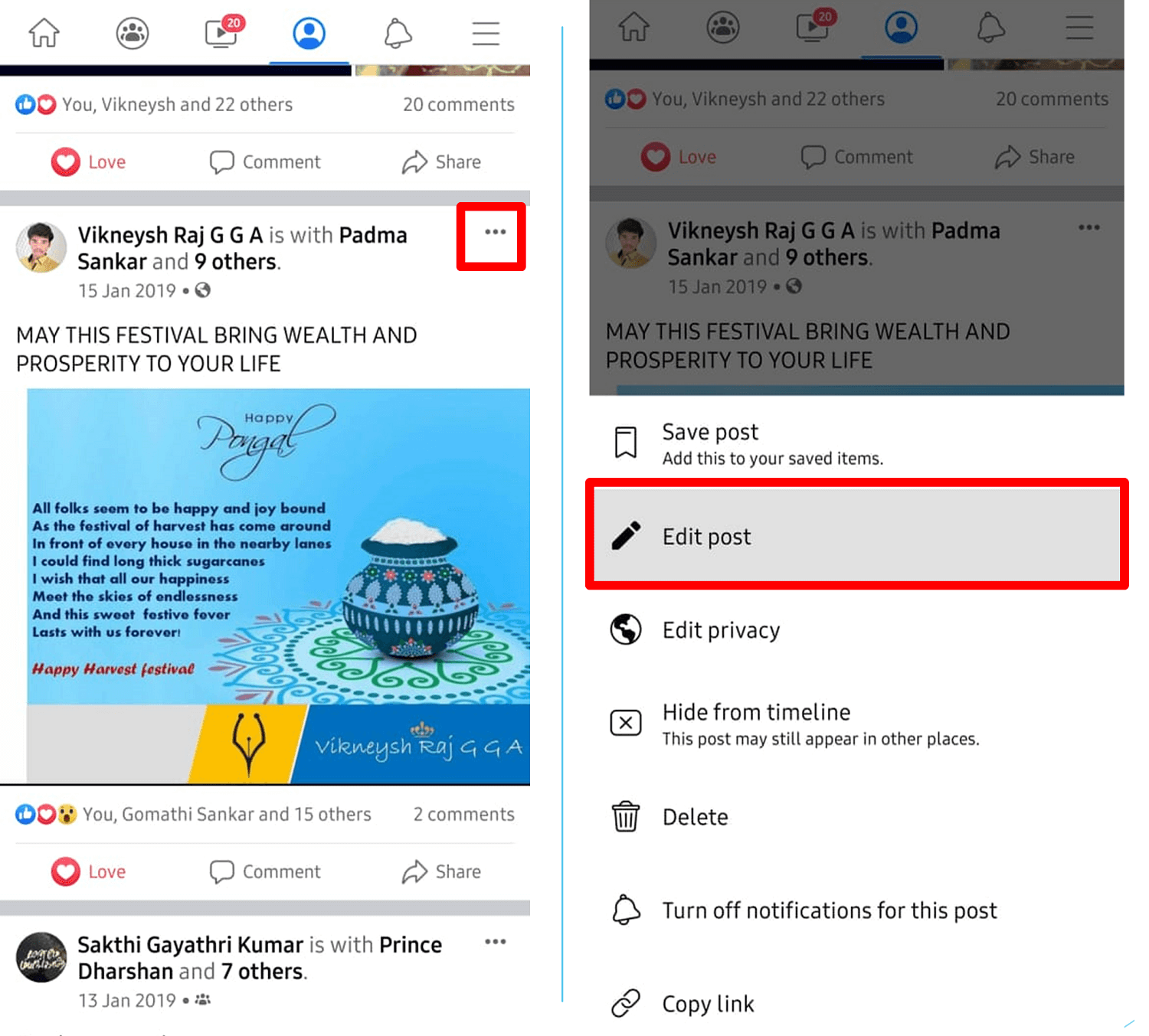 Tap on the three-dotted icon and choose the Edit Post option
