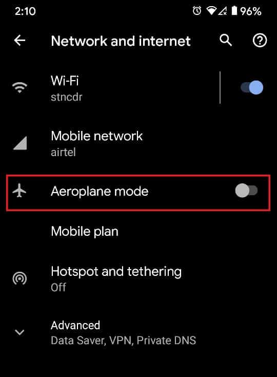 Tap on the toggle switch in front of the Aeroplane Mode | How to Fix Slow Charging on Android