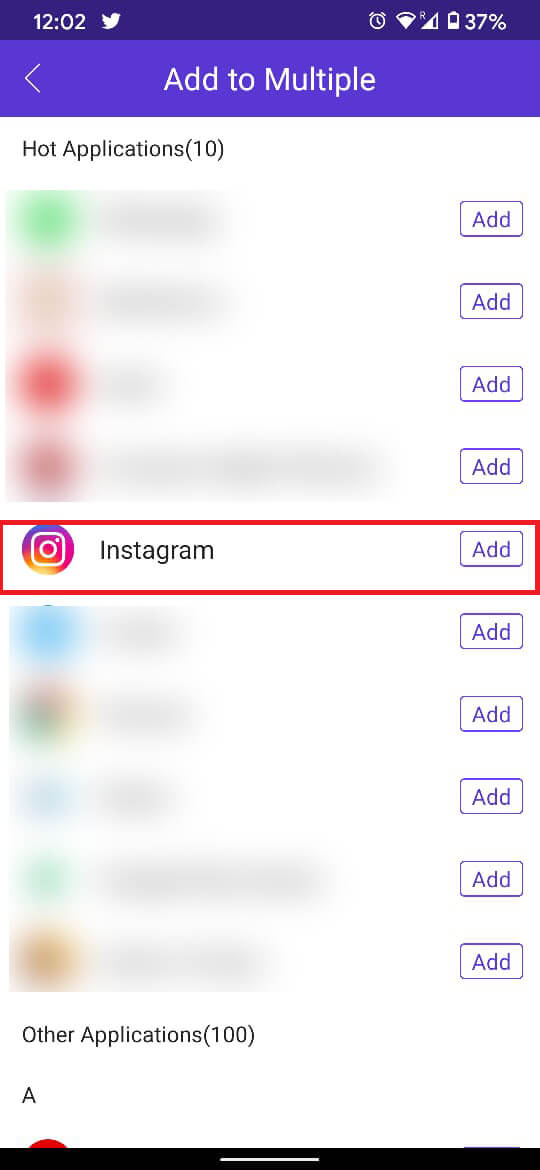 Tap on the ‘Add’ button in front of Instagram. | Fix “Sorry There Was A Problem With Your Request” on Instagram
