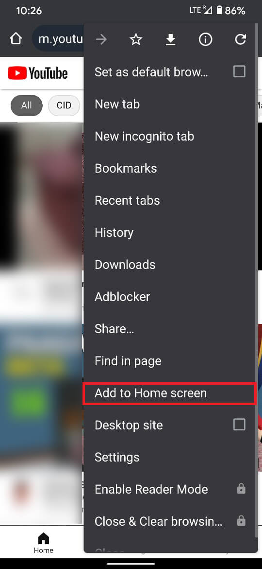 Tap on the ‘Add to Home screen’ option. | How to Block YouTube Ads on Android