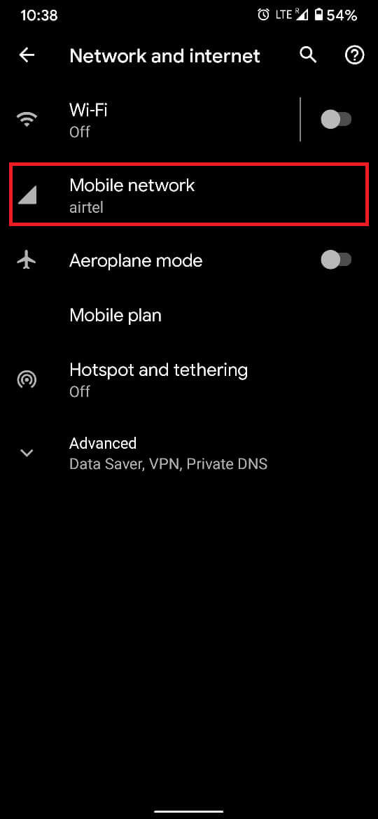 Tap on the ‘Mobile network’ option. | Fix Android Phone Can't Make Or Receive Calls