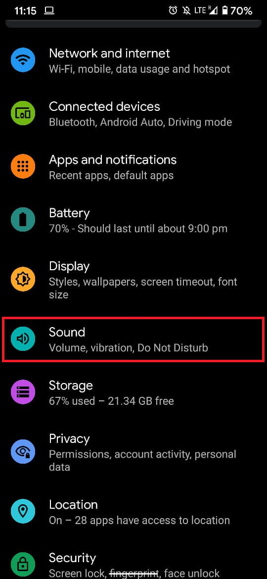 Tap on the ‘Sound’ option to open all sound-related Settings. | Fix Android Phone not Ringing Issue