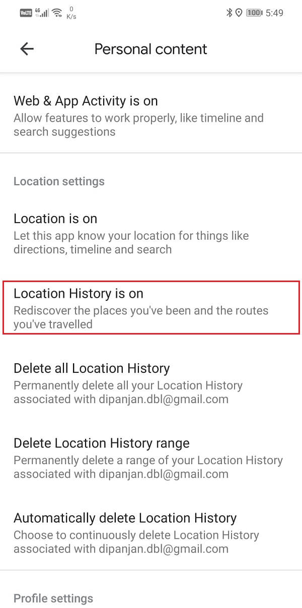 Tap on the “Location History is on” option