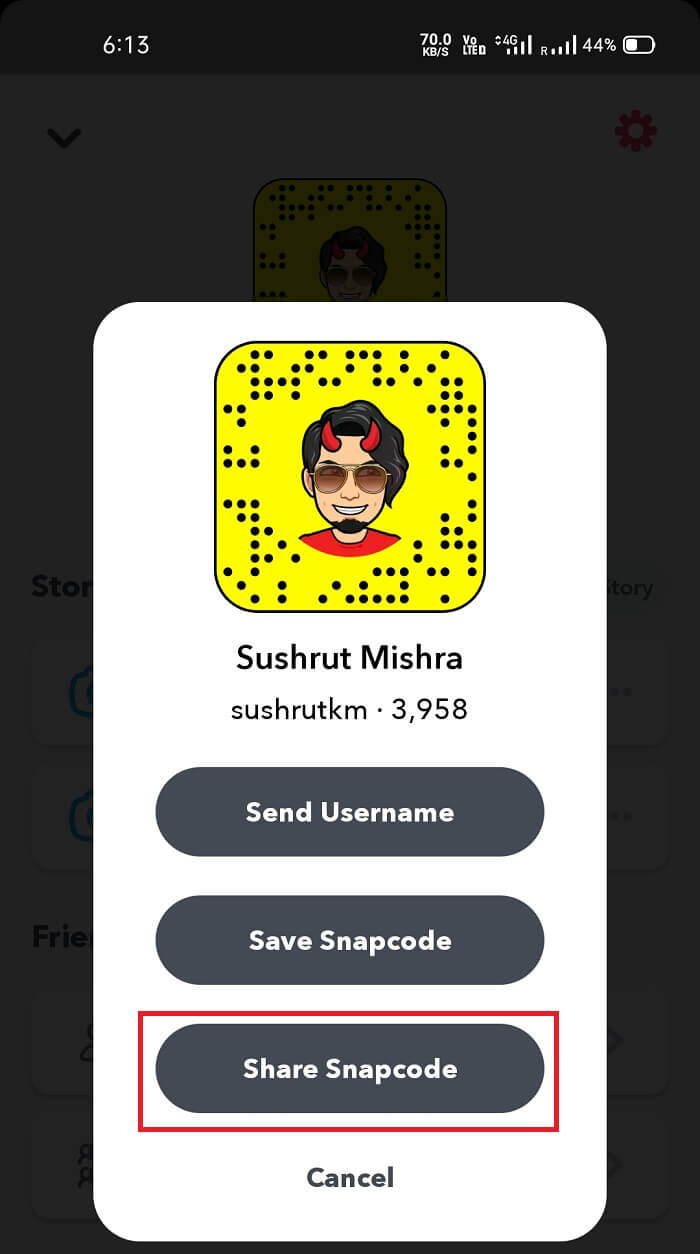 Tap on your profile and select the Share Snapcode option. | Find Someone on Snapchat Without Username or Number