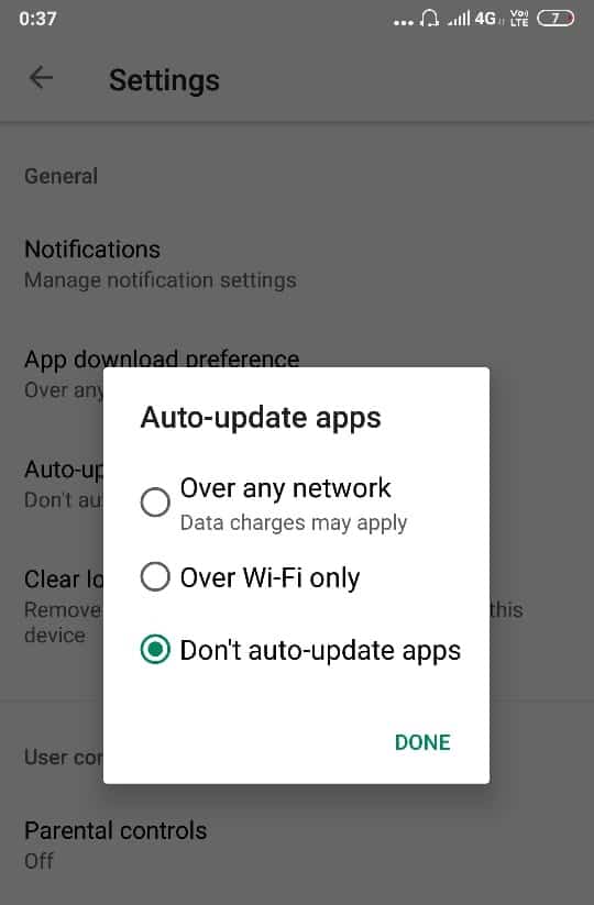 Tap on ‘Auto-update apps’ and select ‘Don’t auto-update apps | Fix Download Pending Error in Google Play Store