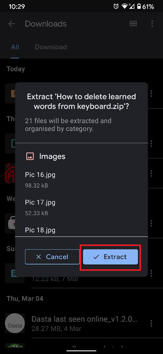 Tap on ‘Extract’ to unzip all the files.