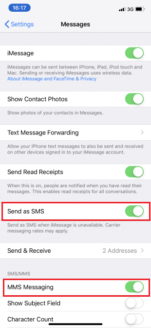Tap the “Send as SMS” and “MMS messaging” slider so it turns green in color