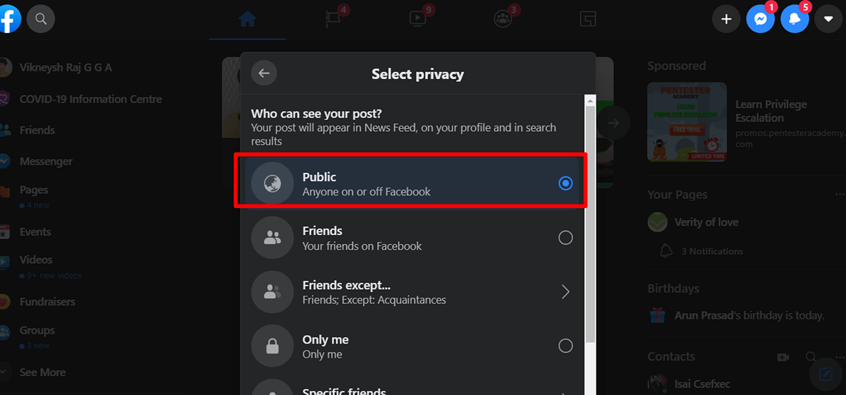 The Select Privacy window would appear. Choose “Public” as the Privacy Setting.