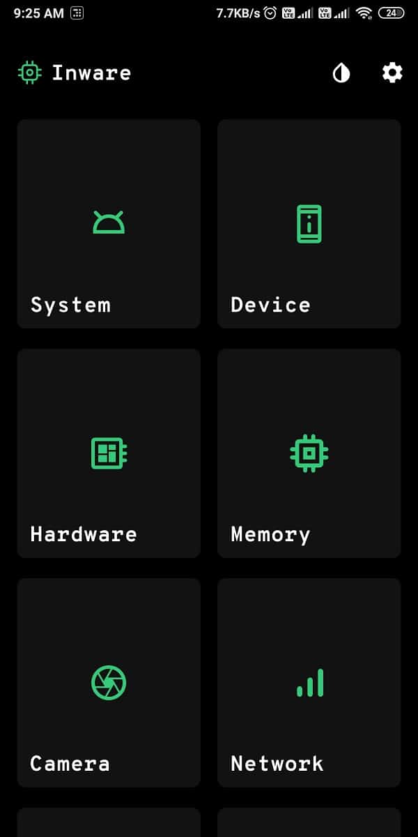 The app has different sections such as system, device, hardware, memory, camera, network, connectivity, battery, and media DRM