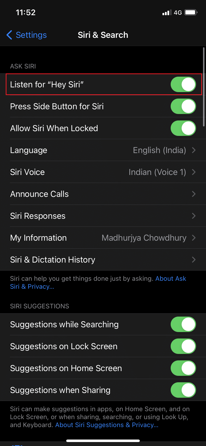 The option Listen for “Hey Siri” must be turned on